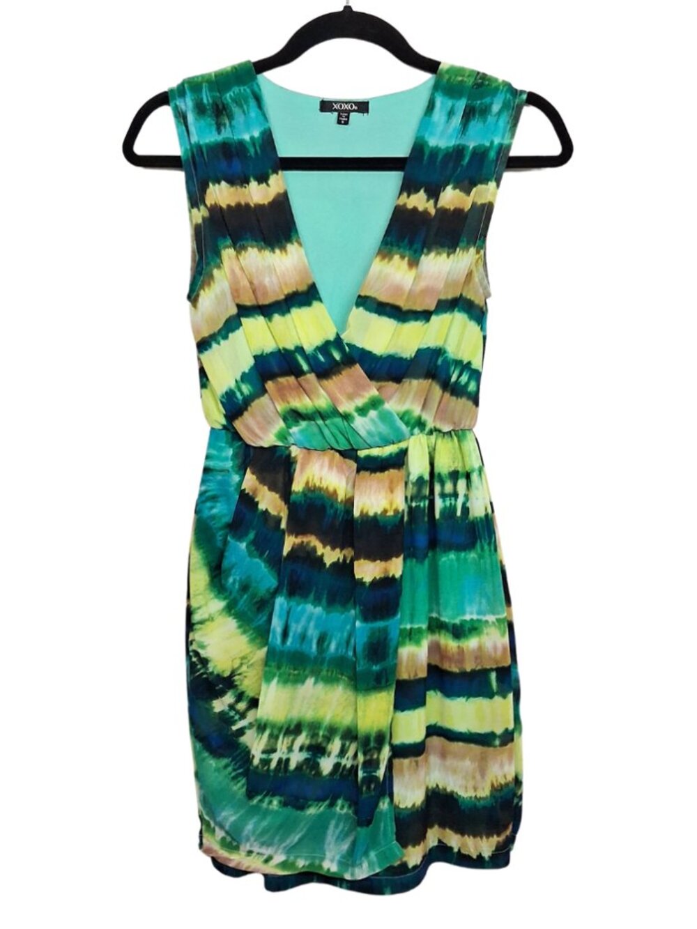 XOXO Green Tie Dye Dress Mini Sleeveless V Neck Yellow Teal Green Multi Small